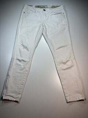 Inked & Faded Cream Skinny Jeans Women's Size 6 Petite Moto Zip Ankle Stretch